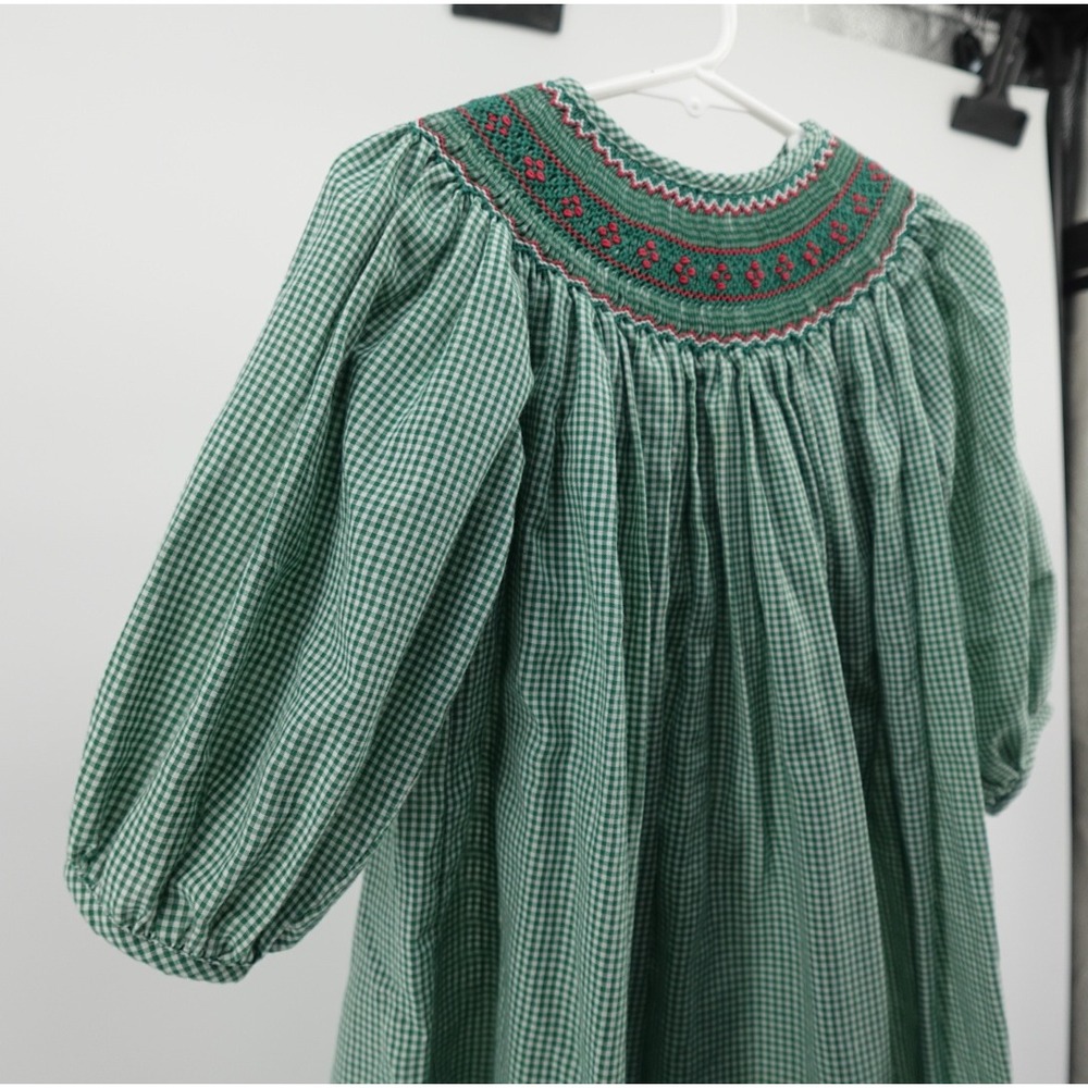 Green Gingham Hand Smocked Bishop Dress Kids Red Floral Embroidery Christmas 24m - Picture 3 of 10